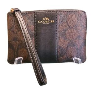 COACH Corner Zip Wristlet Signature C Canvas With Stripe Brown And Black